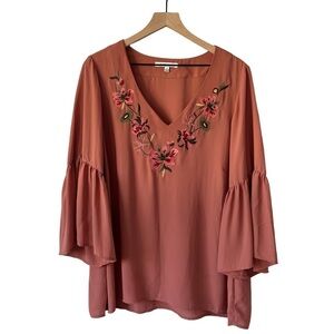 Rose & Olive Boho Embroidered Floral Bell Sleeve V Neck Flowy Top- Size 1X